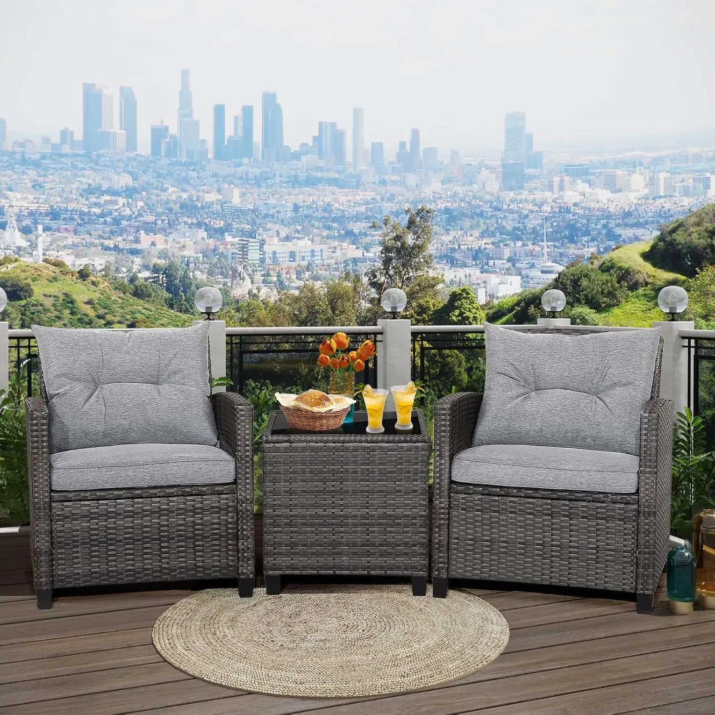 3‑Piece Wicker Patio Furniture Set – Rattan Sofa & Chairs with Tempered Glass Table and Heavy‑Duty Steel Frame