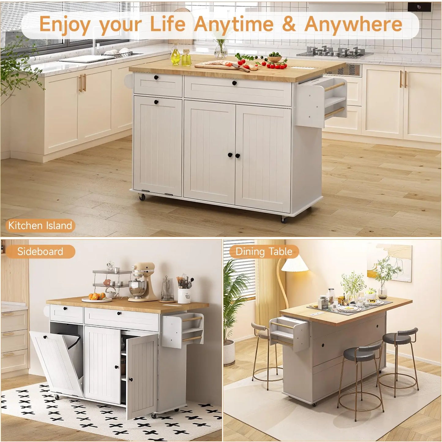 60" Mobile Kitchen Island with Table Drop Leaf, Power Outlets, Spice & Towel Rack, and Trash Cabinet