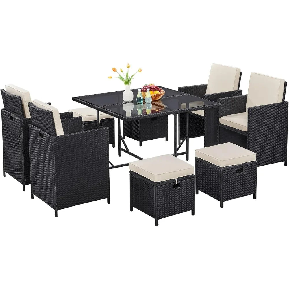 9‑Piece Patio Dining Set – Space‑Saving Rattan Chairs with Glass Table, Wicker Outdoor Conversation Furniture