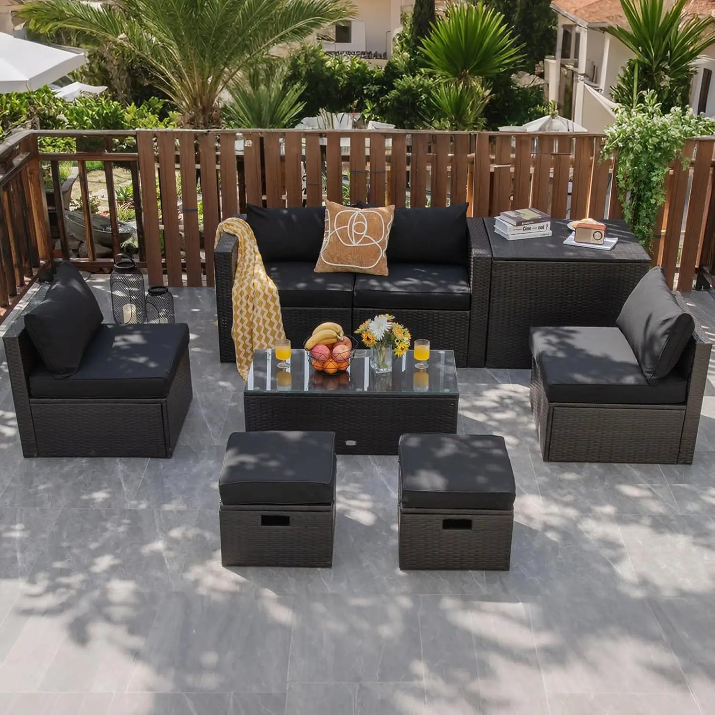 8‑Piece Rattan Outdoor Furniture Set – Sectional Sofa, Chairs, Storage Ottoman & Glass Table, Space‑Saving Design