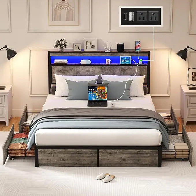 Queen Bed Frame with Storage Headboard and 4 Drawers, Metal Platform