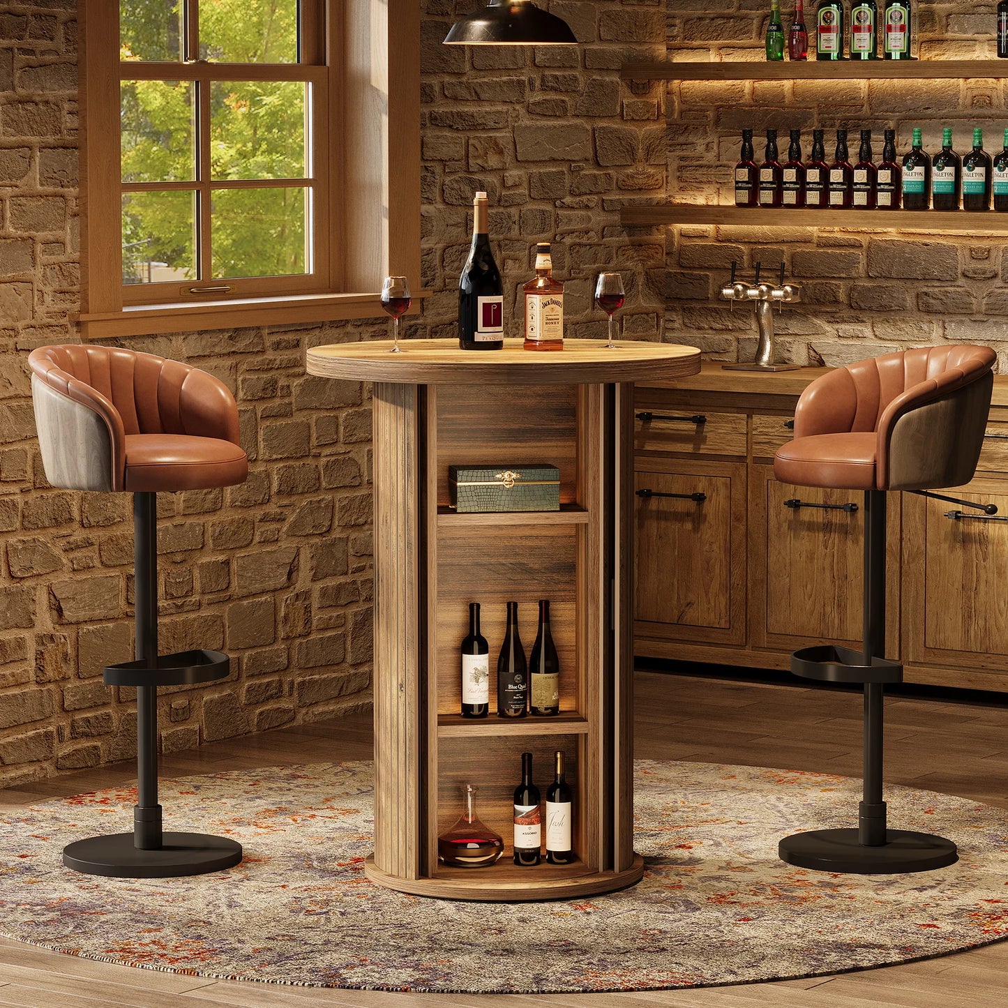 Round Pub Table, Rustic Cocktail Table with 3-Tier Hidden Storage Shelves