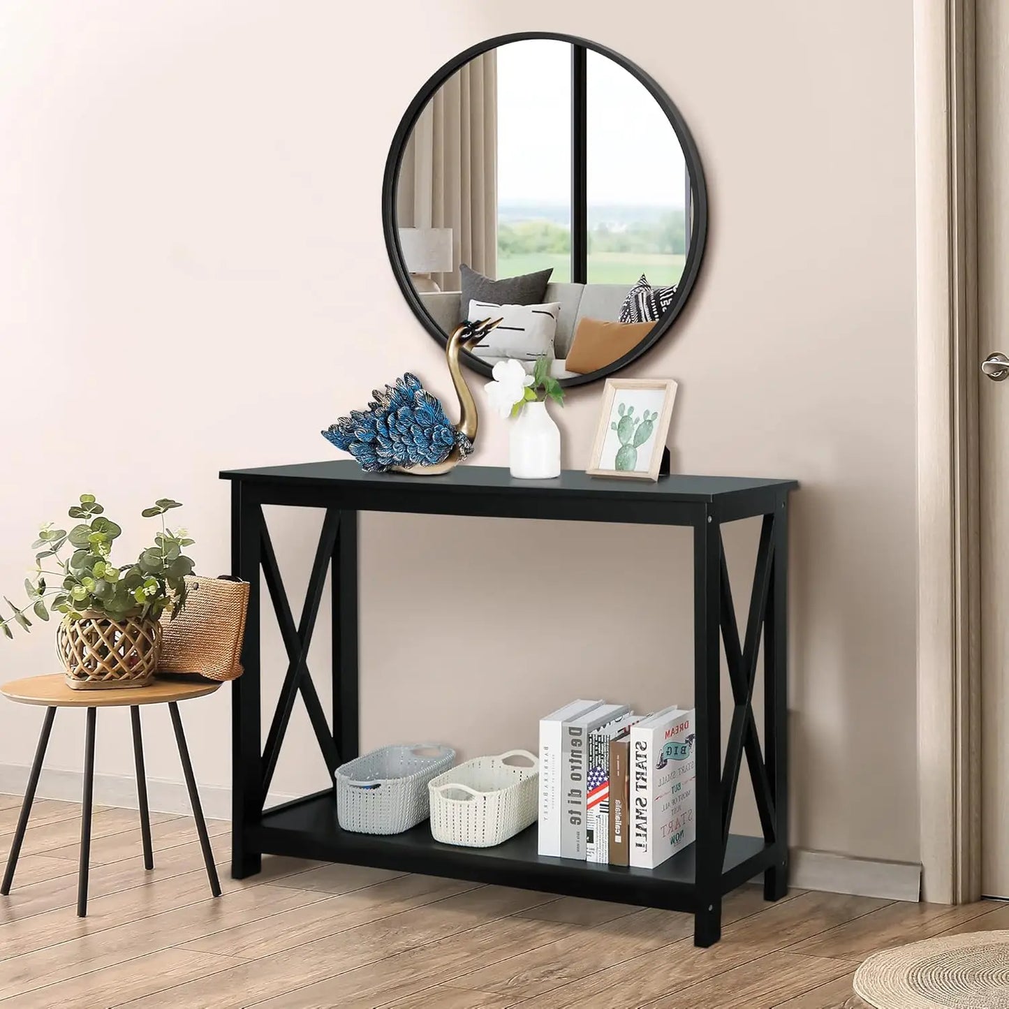 39.5" Narrow Console Table with 2-Tier Storage Shelf, Black Finish