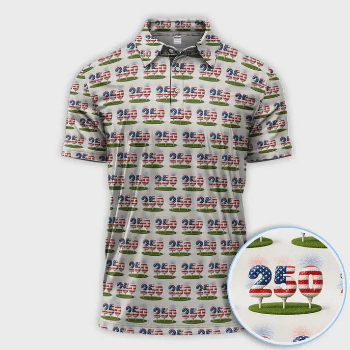 America 250 Polo Shirt, 1776–2026 USA 250th Anniversary Golf Shirt, Patriotic Red White Blue Flag Polo Men's Clothing