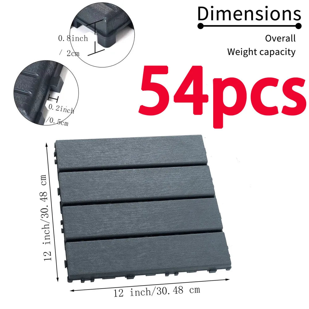 54 Pack Interlocking Plastic Deck Tiles - 12"x12" Square - Waterproof Outdoor