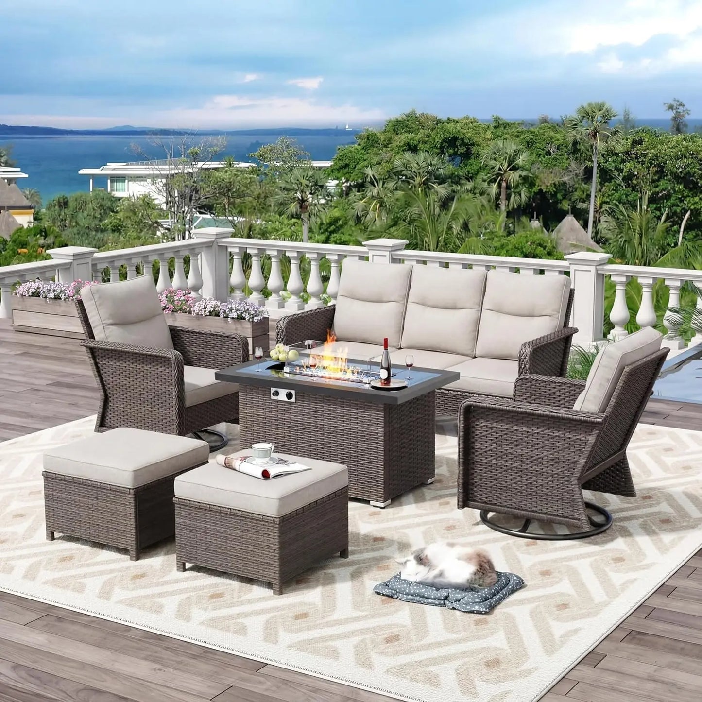 7‑Seat Patio Furniture Set – 44" Gas Fire Pit Table with Wicker Swivel Chairs, Sectional Sofa & Glider