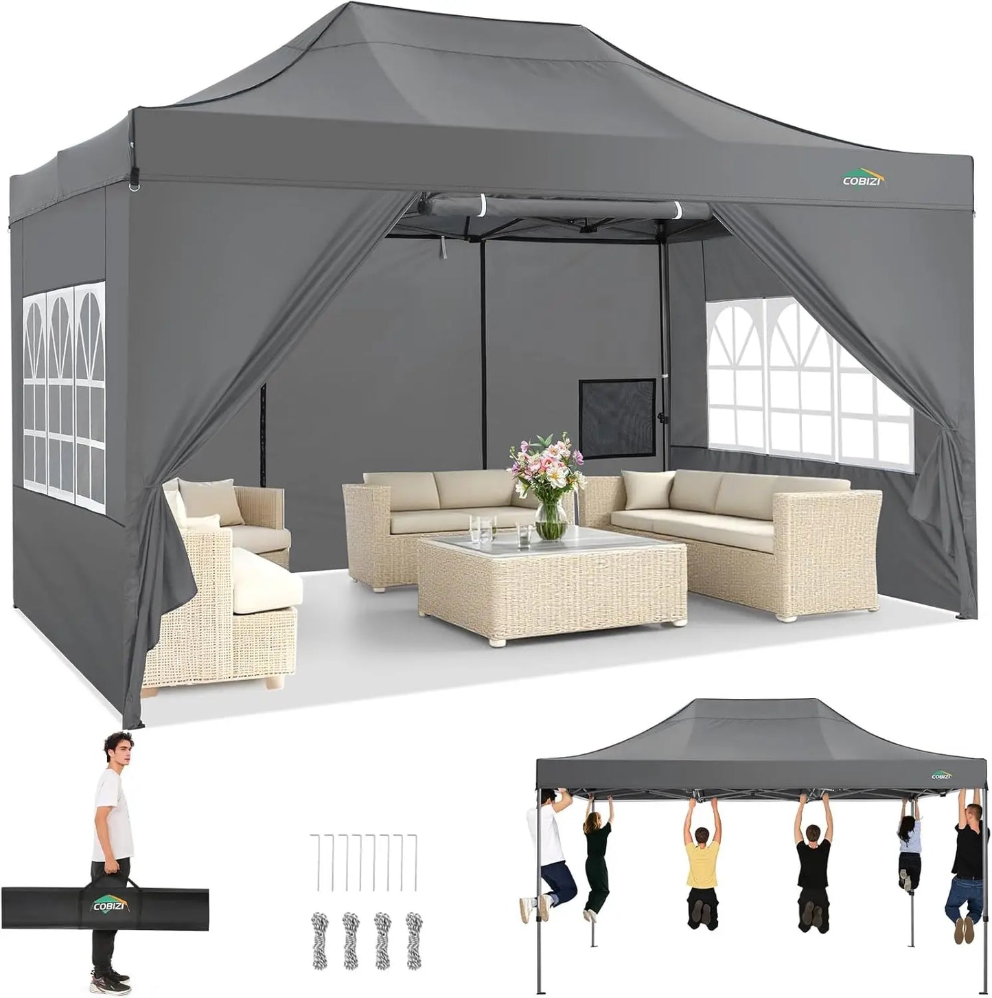 10x15 Pop up Canopy Tent Heavy Duty Gazebo with 4 Sidewalls, UPF 50+ All Weather Waterproof Commercial Outdoor Wedding Party Tent
