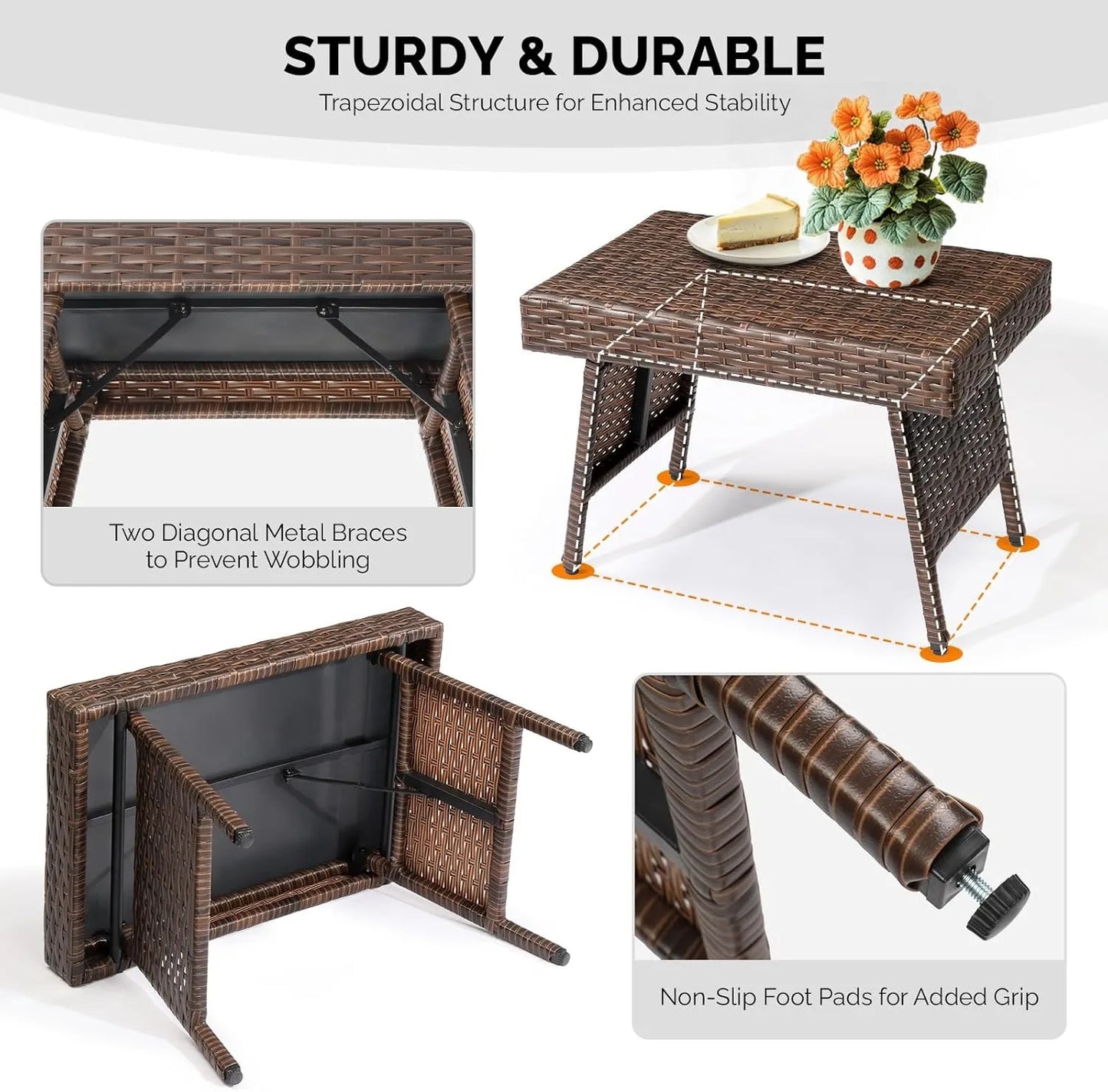 Outdoor Folding Rattan Side Table, Portable Wicker End Table for Patio, Garden, Poolside, and Indoor Use, Mix Mocha