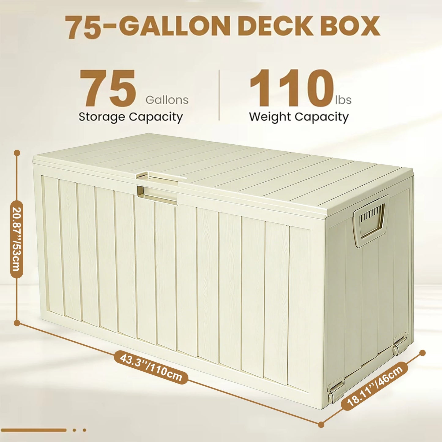 75 Gallon Resin Outdoor Storage Box Waterproof Deck Box，Waterproof Outdoor Storage Box with Bottom Pulleys, for Patio Furniture