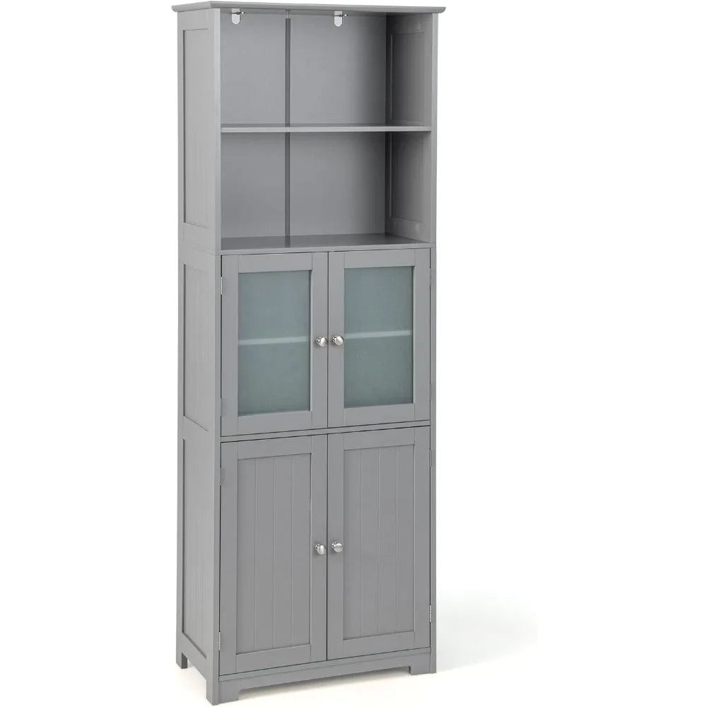 64" Storage Cabinet, Freestanding with 2 Cabinets, 2 Open Compartments, Adjustable Shelves