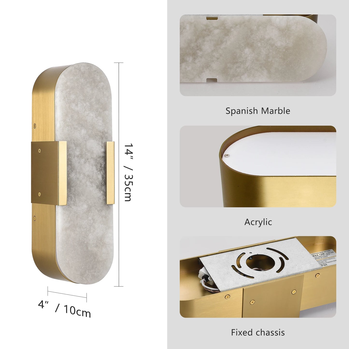 Luxurious Marble Wall Lamp Set of 2, Matte Gold Metal Frame, Dimmable