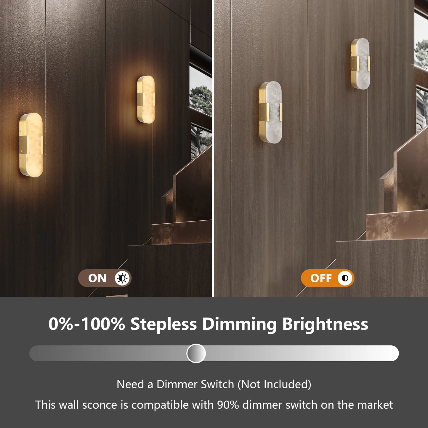 Luxurious Marble Wall Lamp Set of 2, Matte Gold Metal Frame, Dimmable