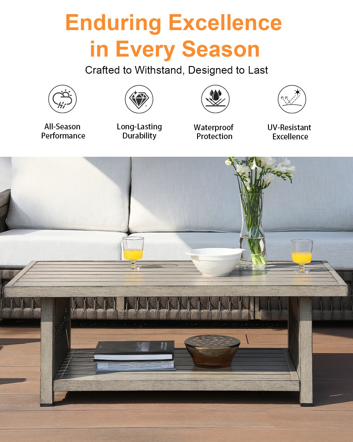 Outdoor Patio Coffee Table, 2-Tier Weather-Resistant Rectangle