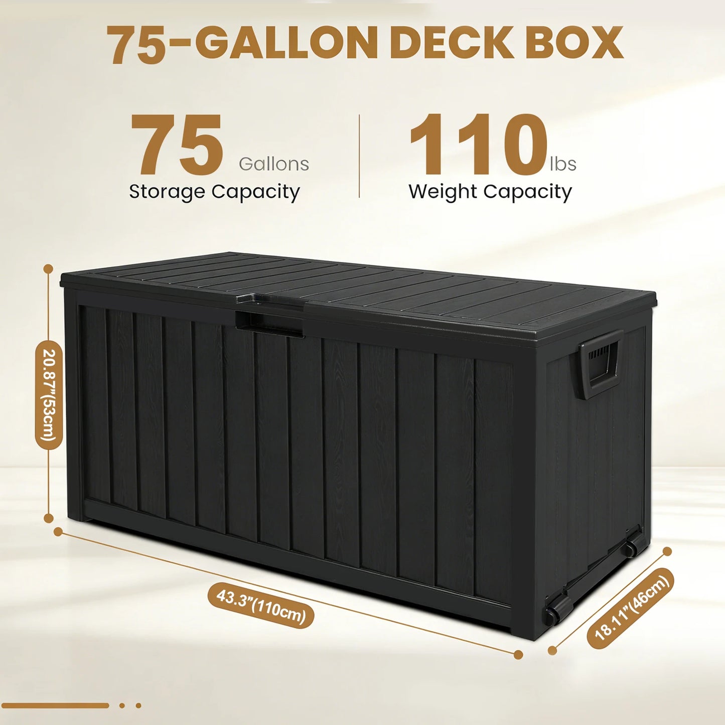 75 Gallon Resin Outdoor Storage Box Waterproof Deck Box，Waterproof Outdoor Storage Box with Bottom Pulleys, for Patio Furniture