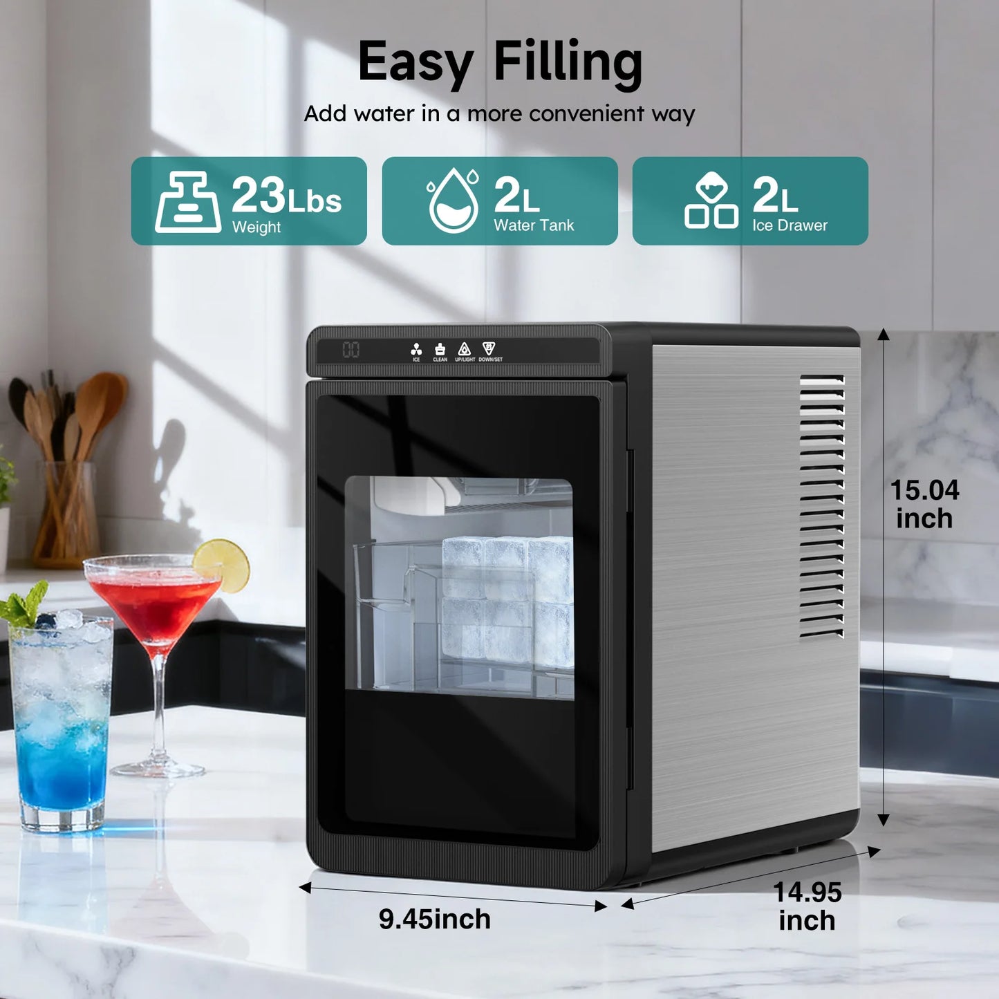 Compact Countertop Ice Maker Clear - 3 Cubes, Portable, 22lbs Daily Output  1.6" Square Ice Cubes, Self-Cleaning ,LED Light