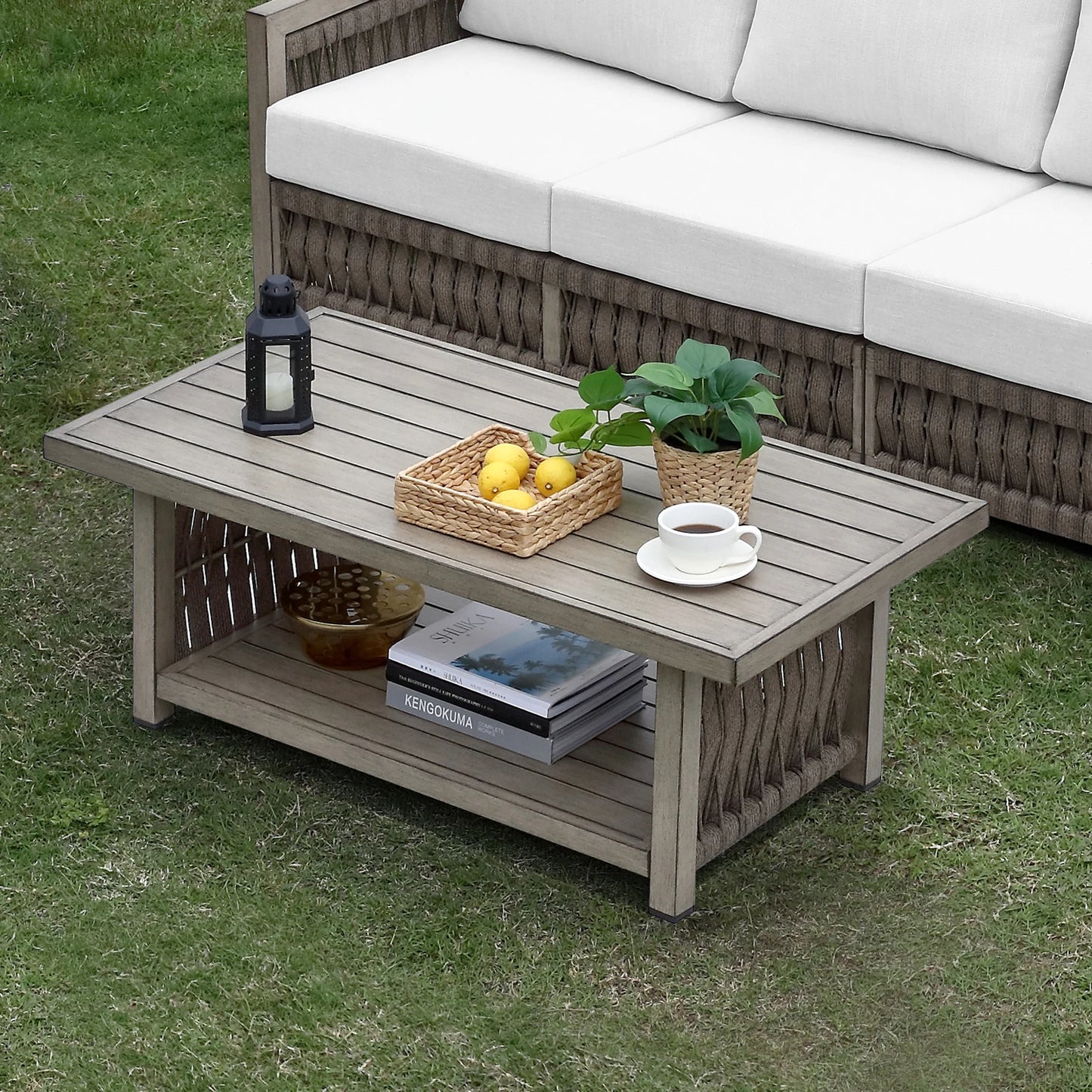 Outdoor Patio Coffee Table, 2-Tier Weather-Resistant Rectangle