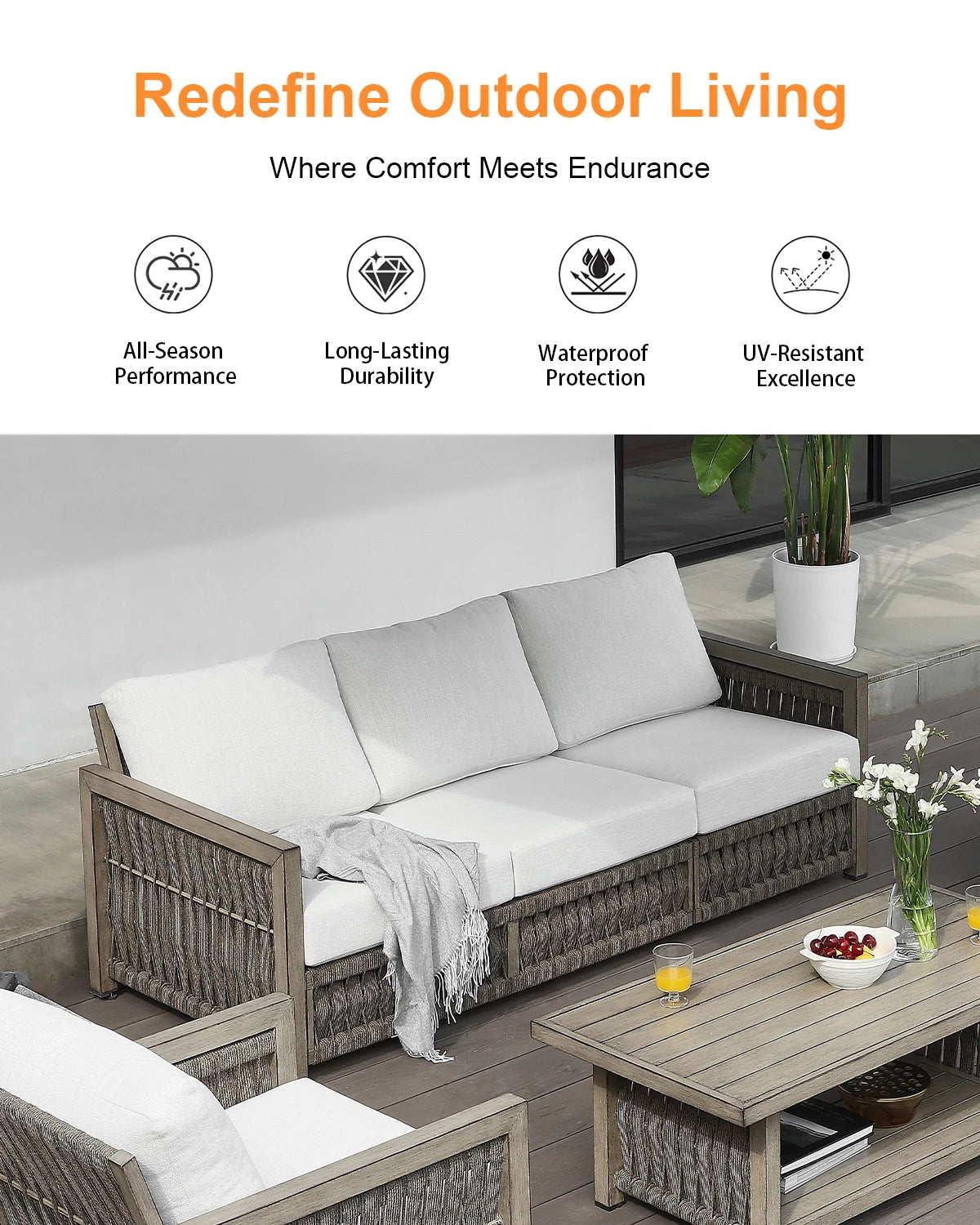 SeeHill 3-Seater Outdoor Sofa with Washable Cushions