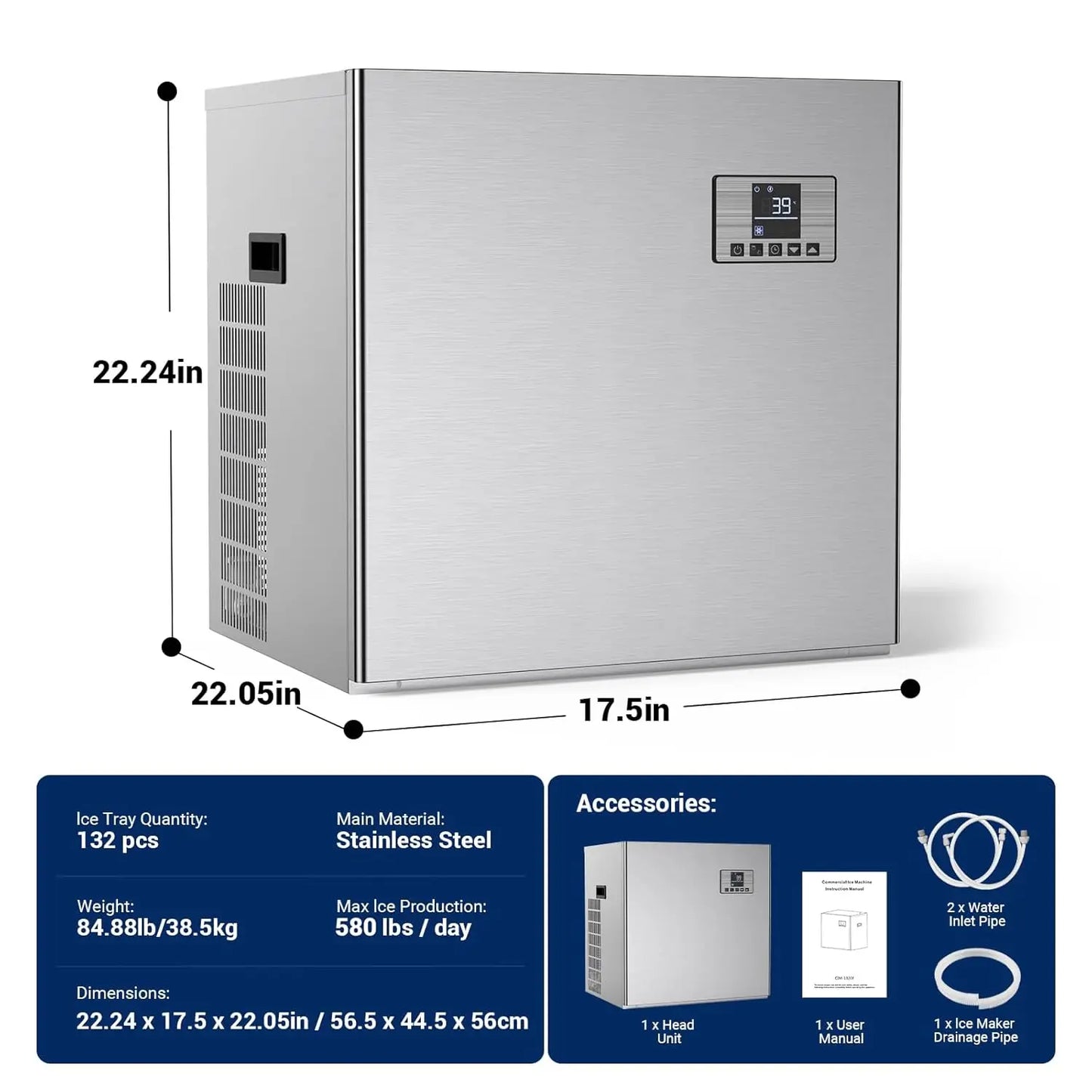 Commercial Ice Maker – 580‑lb/24h Machine Head with 300‑lb Storage Bin & Adjustable Steel Feet (132 Cubes/Batch)