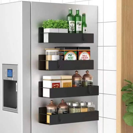 Magnetic Spice Rack for Refrigerator, Kitchen Organizer and Storage Shelf, Black (4 Pack)