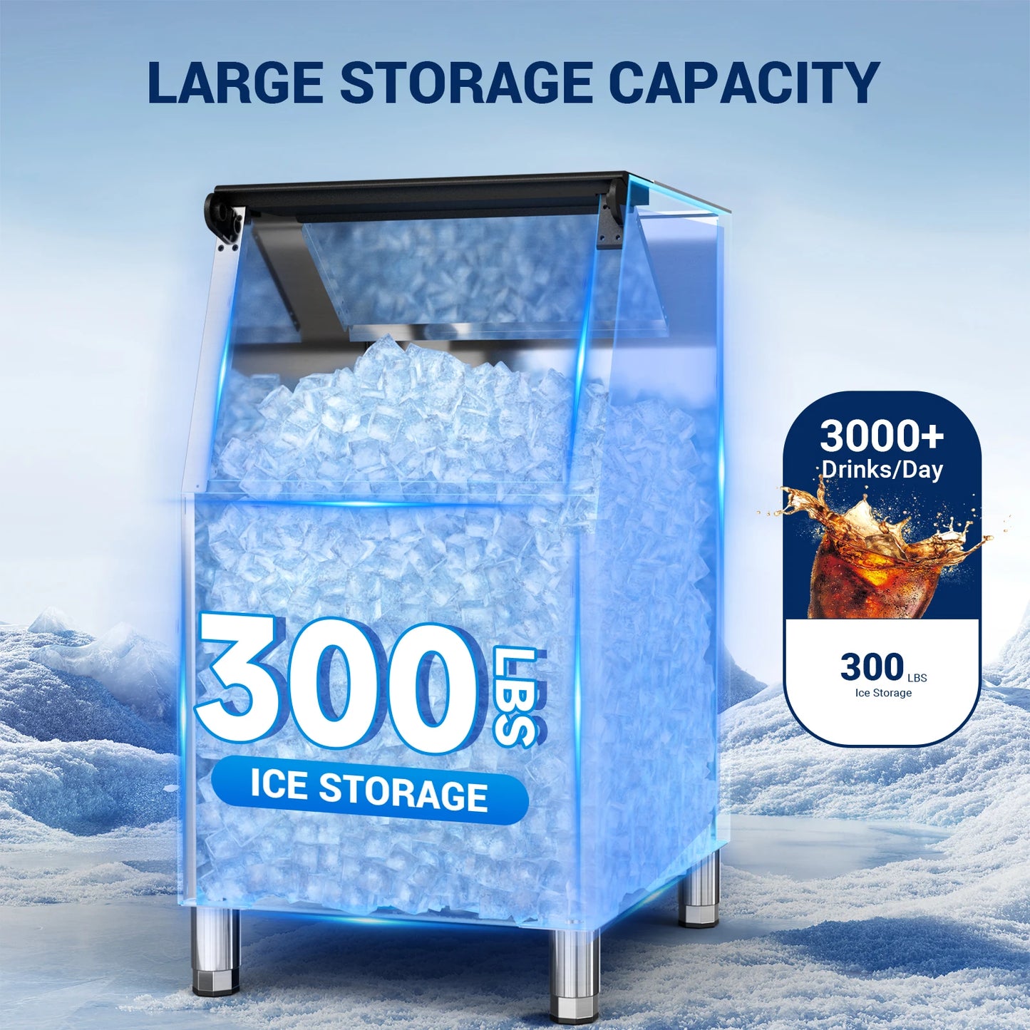 Commercial Ice Maker – 580‑lb/24h Machine Head with 300‑lb Storage Bin & Adjustable Steel Feet (132 Cubes/Batch)