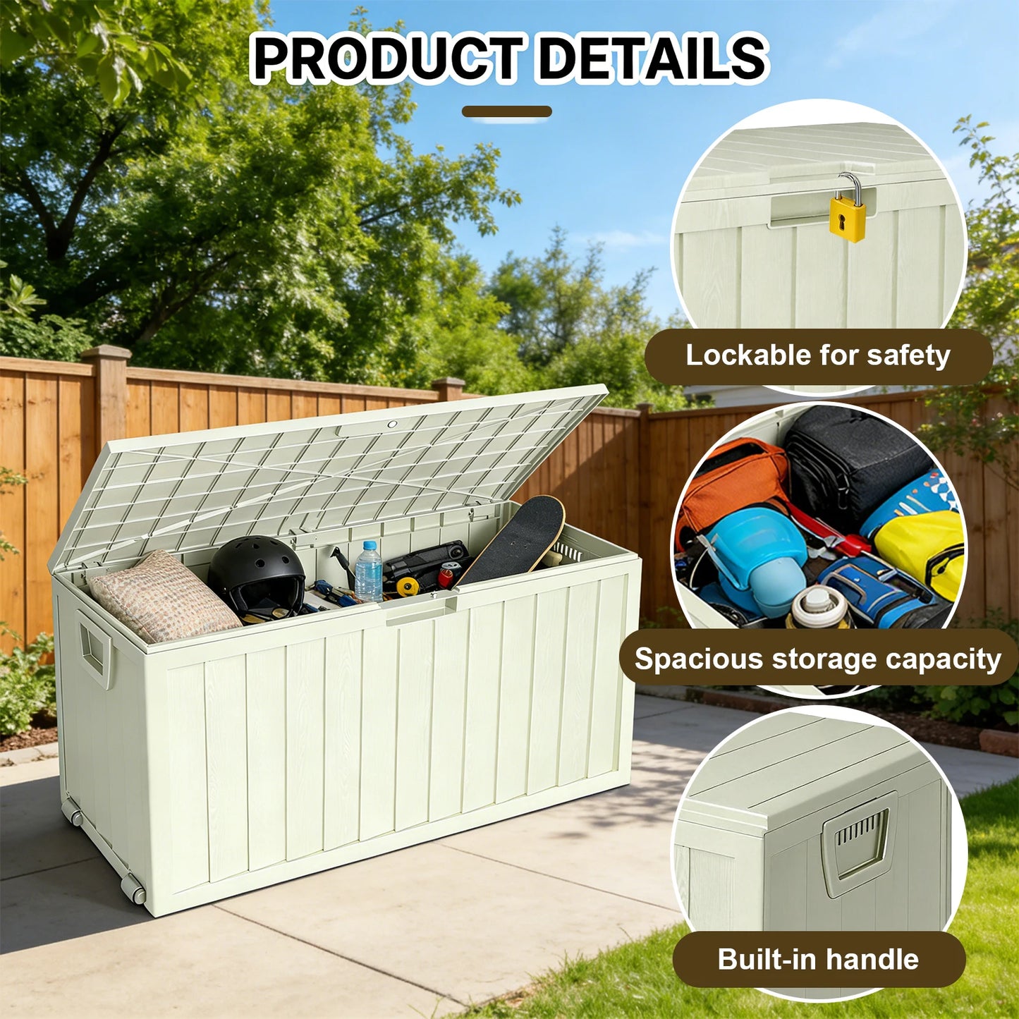 75 Gallon Resin Outdoor Storage Box Waterproof Deck Box，Waterproof Outdoor Storage Box with Bottom Pulleys, for Patio Furniture
