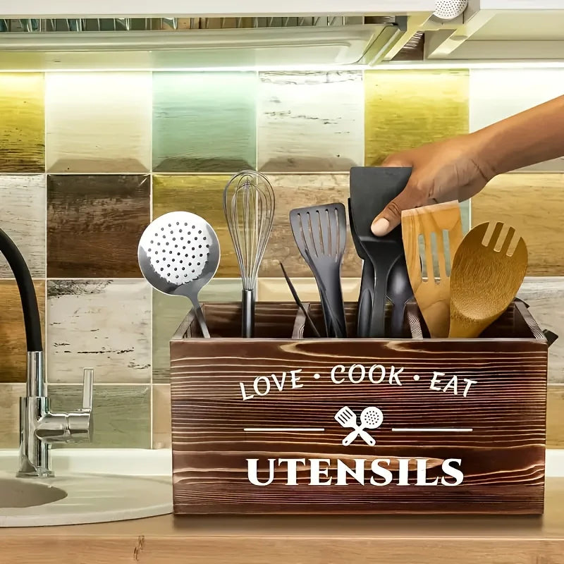 Brown Utensil Holder, Rustic Utensil Rack, Wooden Kitchen Utensil Organizer for Multiple Utensils