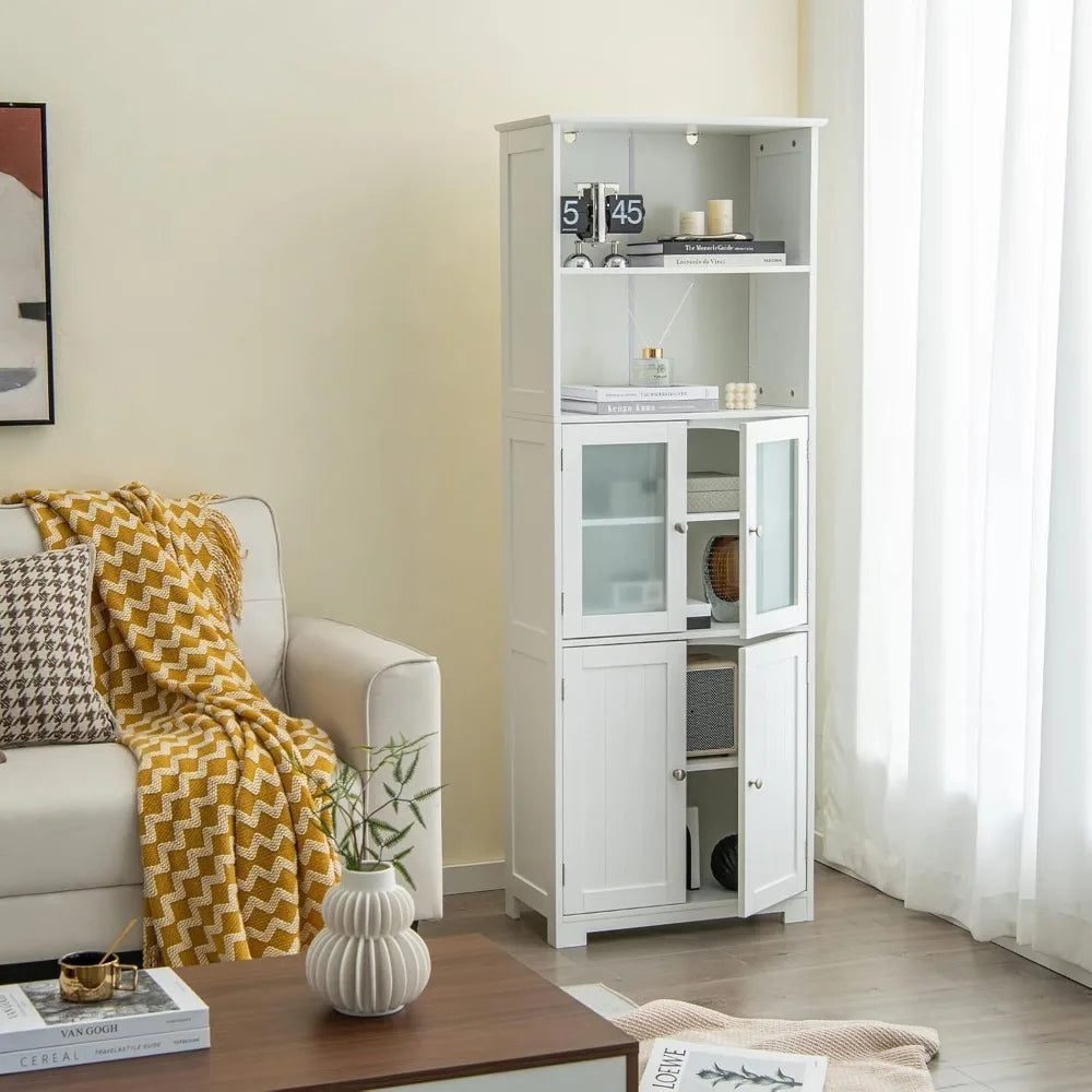 64" Storage Cabinet, Freestanding with 2 Cabinets, 2 Open Compartments, Adjustable Shelves