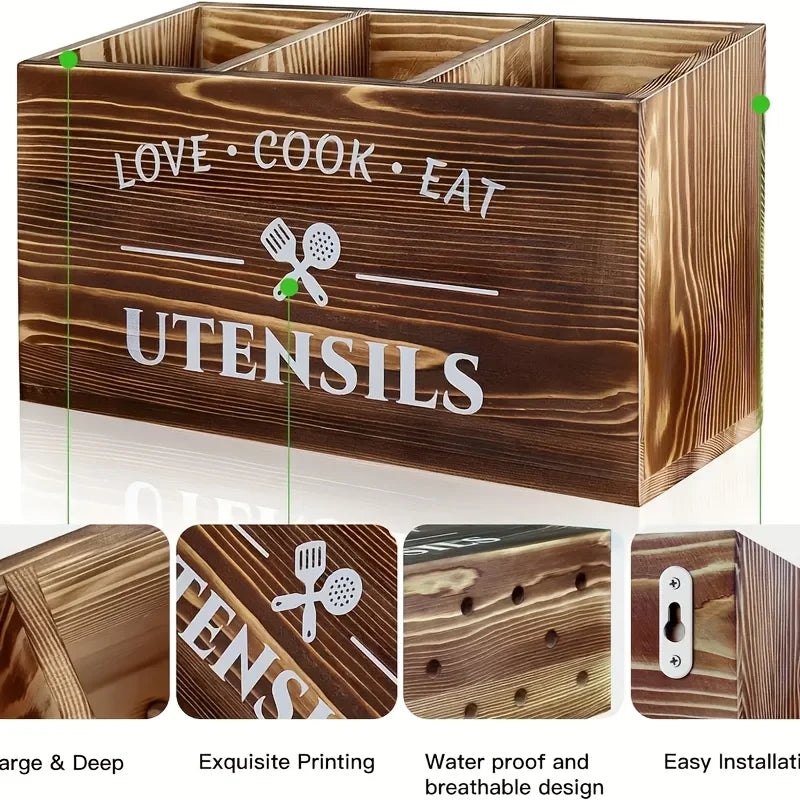 Brown Utensil Holder, Rustic Utensil Rack, Wooden Kitchen Utensil Organizer for Multiple Utensils