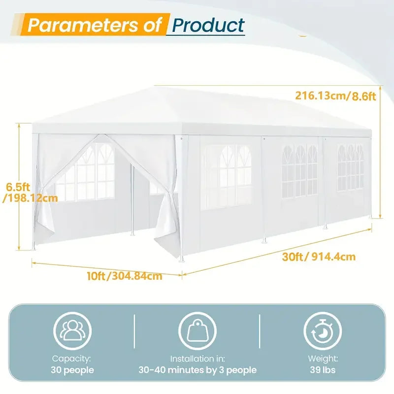 10×10 / 10×20 / 10×30 Party Tent – Outdoor Canopy with Removable Sidewalls, Waterproof Event Shelter