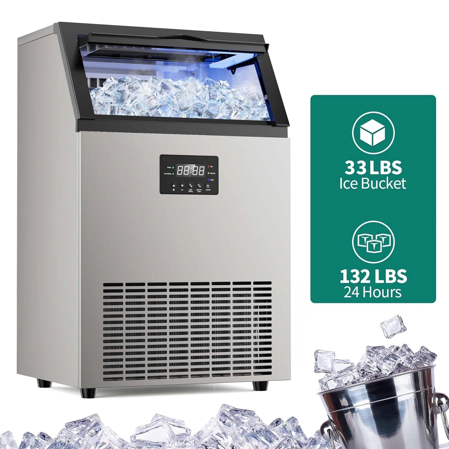 Commercial Stainless Steel Ice Maker – Under‑Counter Ice Machine with 34‑lb Bin, Freestanding for Home & Café