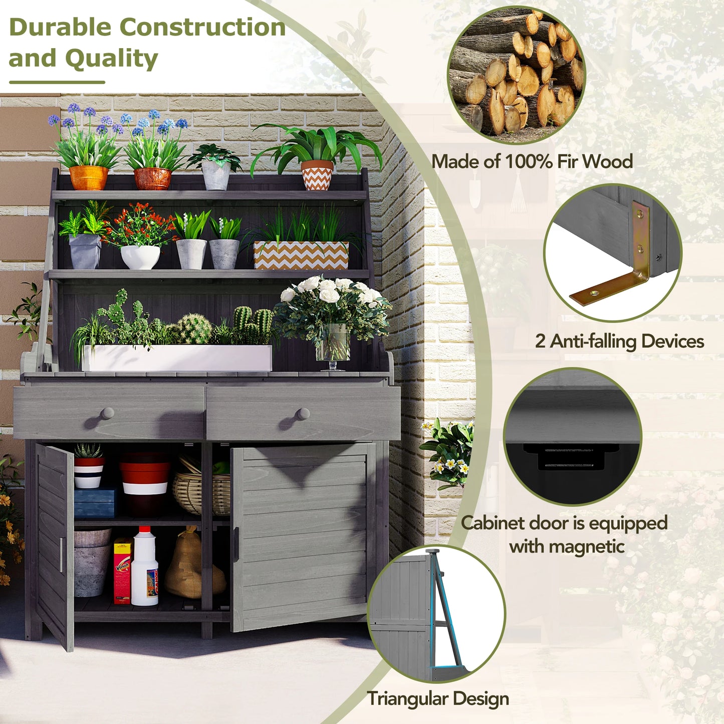 TOPMAX 65inch Garden Potting Bench Table, Fir Wood with Storage Shelf, Drawer and Cabinet