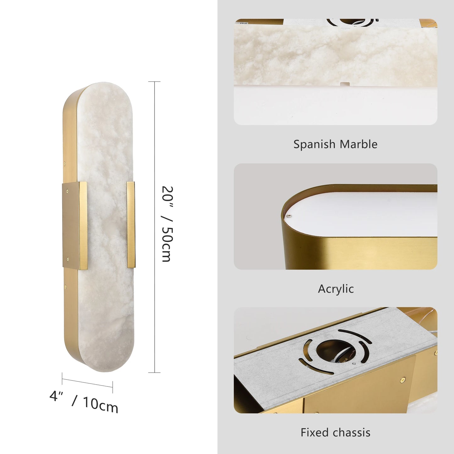 Luxurious Marble Wall Lamp Set of 2, Matte Gold Metal Frame, Dimmable
