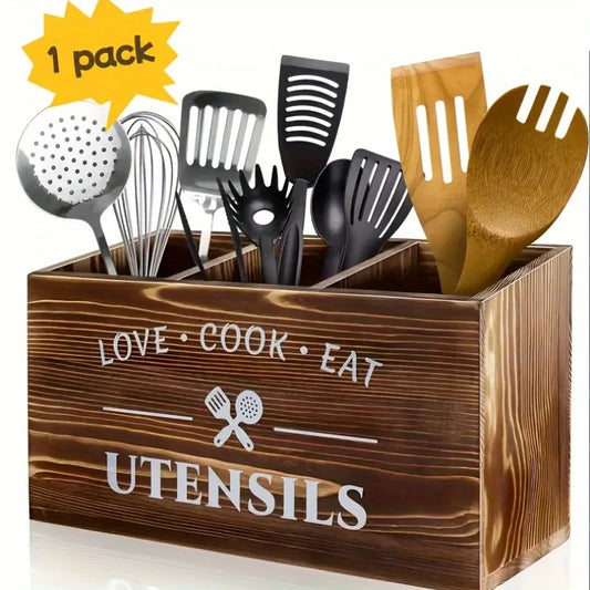 Brown Utensil Holder, Rustic Utensil Rack, Wooden Kitchen Utensil Organizer for Multiple Utensils