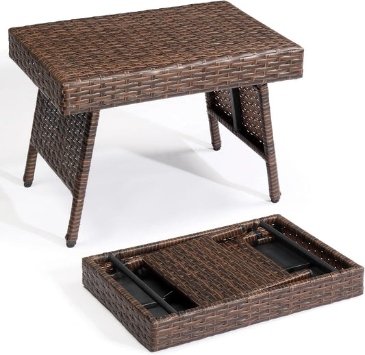 Outdoor Folding Rattan Side Table, Portable Wicker End Table for Patio, Garden, Poolside, and Indoor Use, Mix Mocha