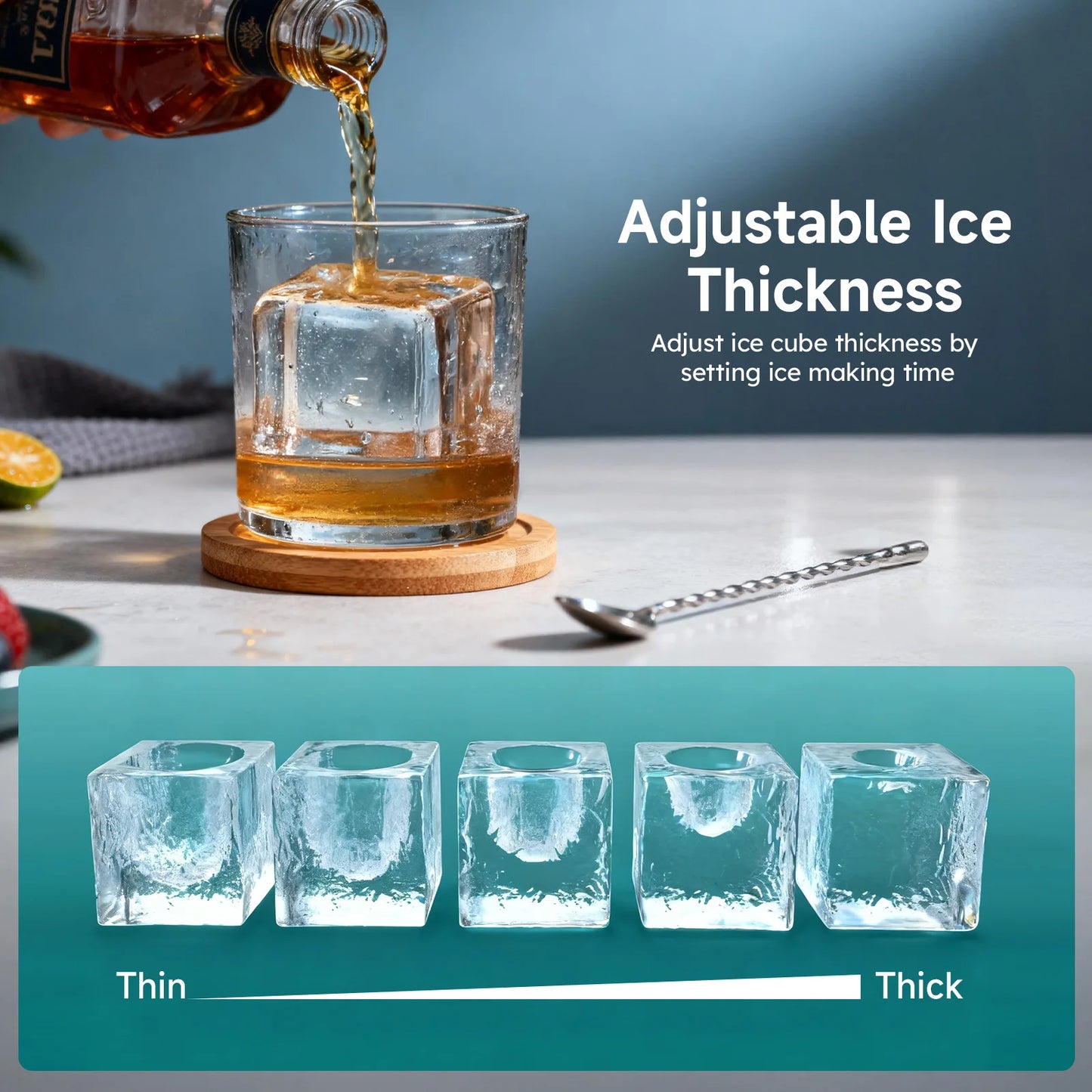 Compact Countertop Ice Maker Clear - 3 Cubes, Portable, 22lbs Daily Output  1.6" Square Ice Cubes, Self-Cleaning ,LED Light