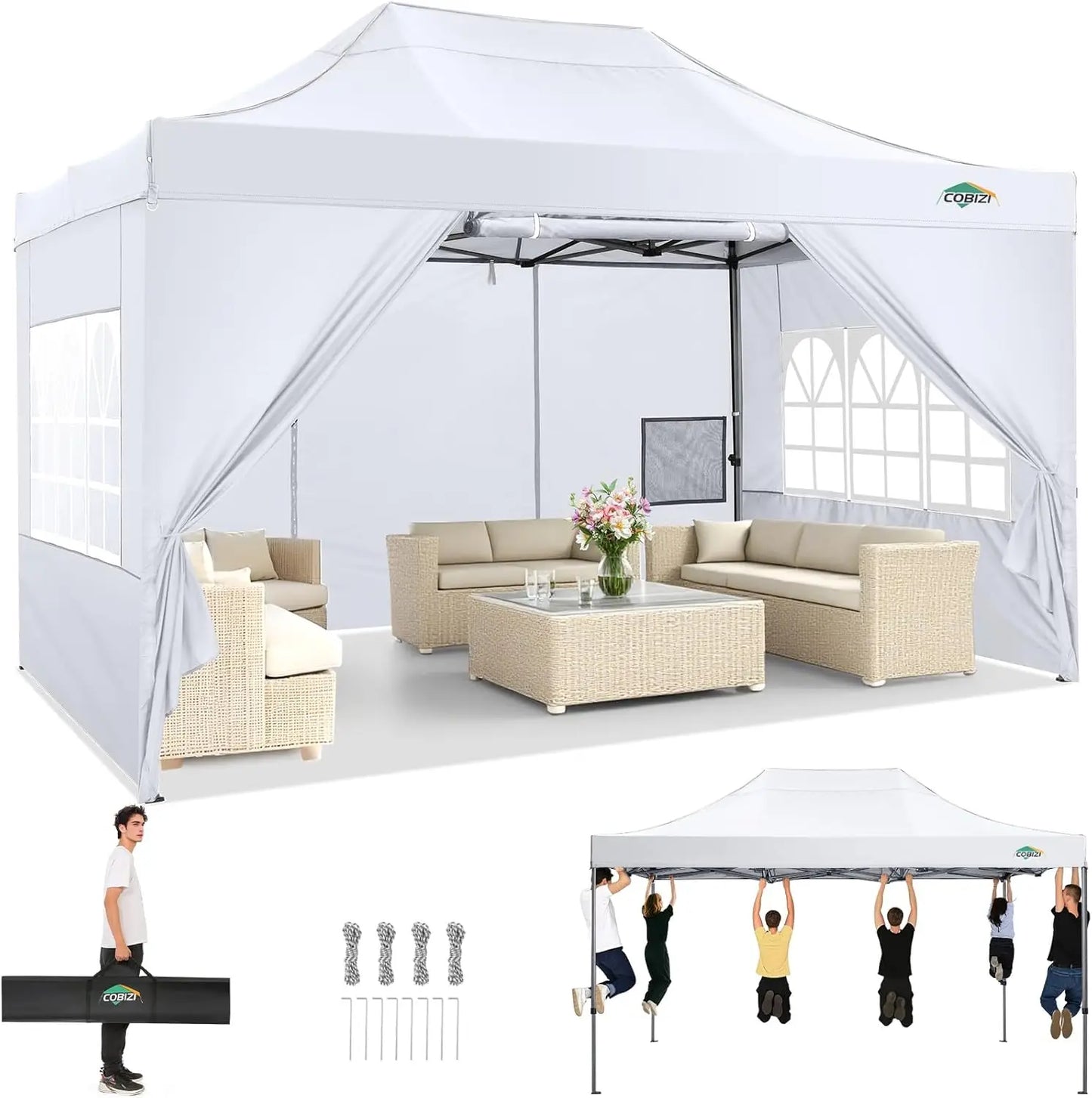 10x15 Pop up Canopy Tent Heavy Duty Gazebo with 4 Sidewalls, UPF 50+ All Weather Waterproof Commercial Outdoor Wedding Party Tent
