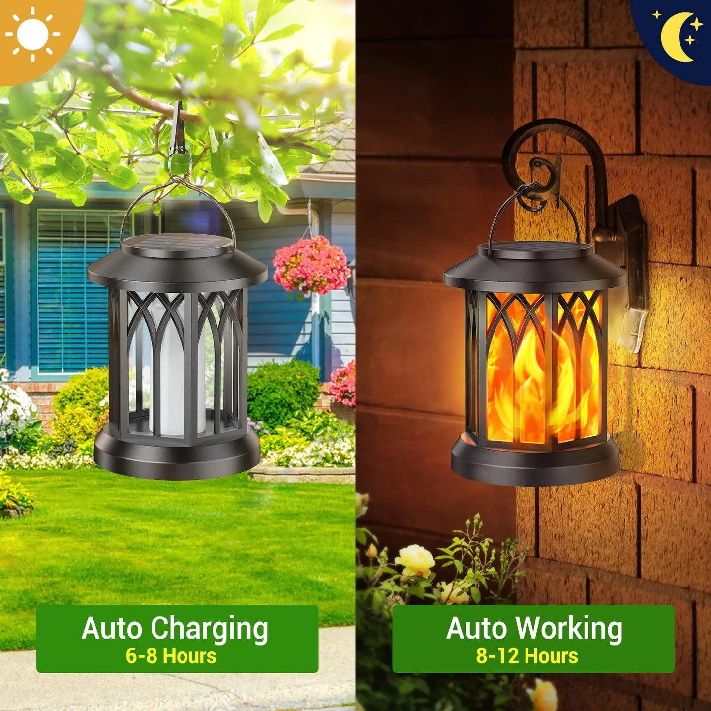 4‑Pack Hanging Solar Lanterns – Outdoor Waterproof Lights with Flickering Flame Effect