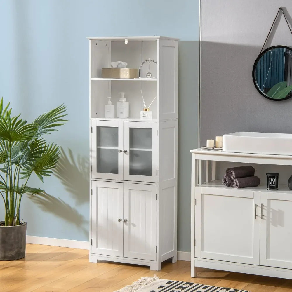 64" Storage Cabinet, Freestanding with 2 Cabinets, 2 Open Compartments, Adjustable Shelves