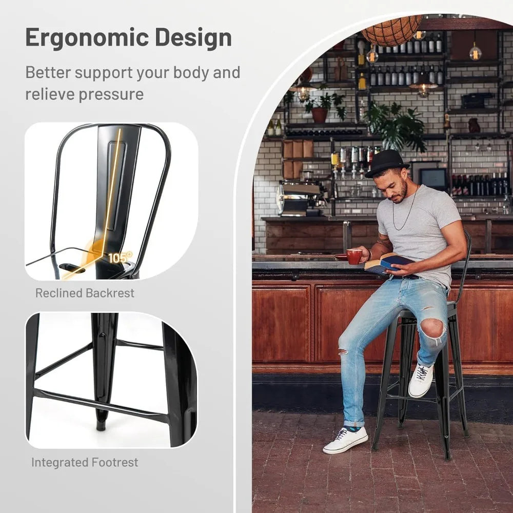 Metal Bar Stools Set of 4, 30" Bar Height with Footrest