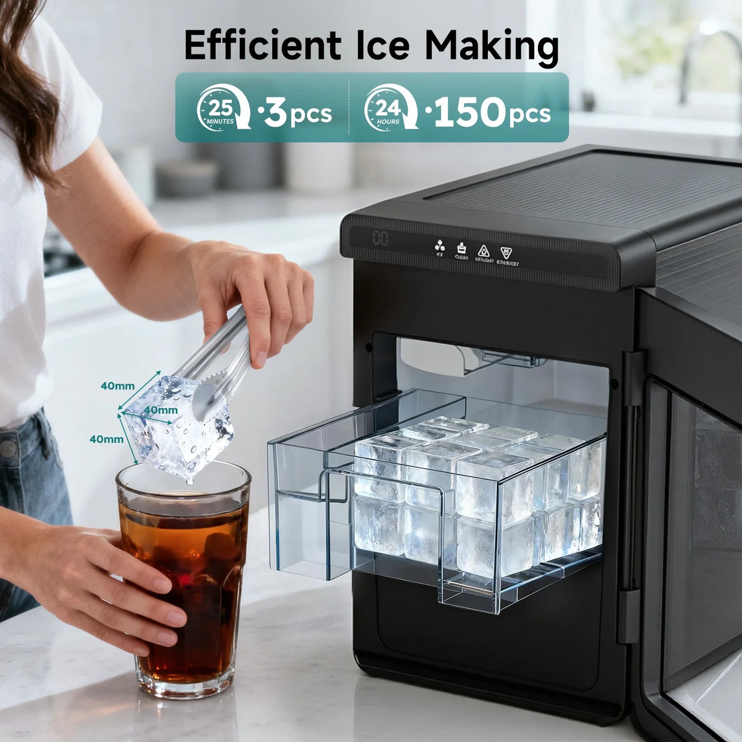Compact Countertop Ice Maker Clear - 3 Cubes, Portable, 22lbs Daily Output  1.6" Square Ice Cubes, Self-Cleaning ,LED Light
