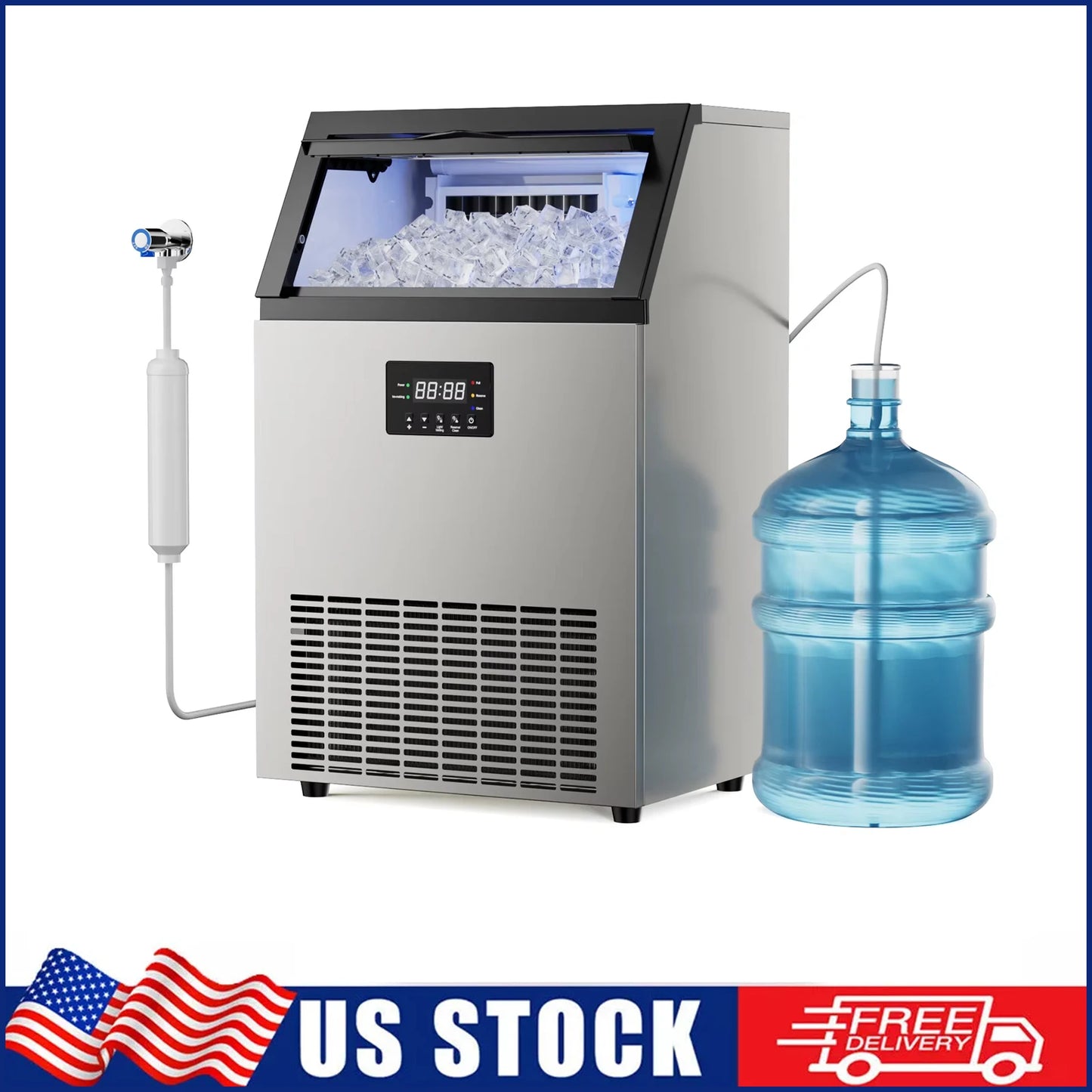 Commercial Stainless Steel Ice Maker – Under‑Counter Ice Machine with 34‑lb Bin, Freestanding for Home & Café