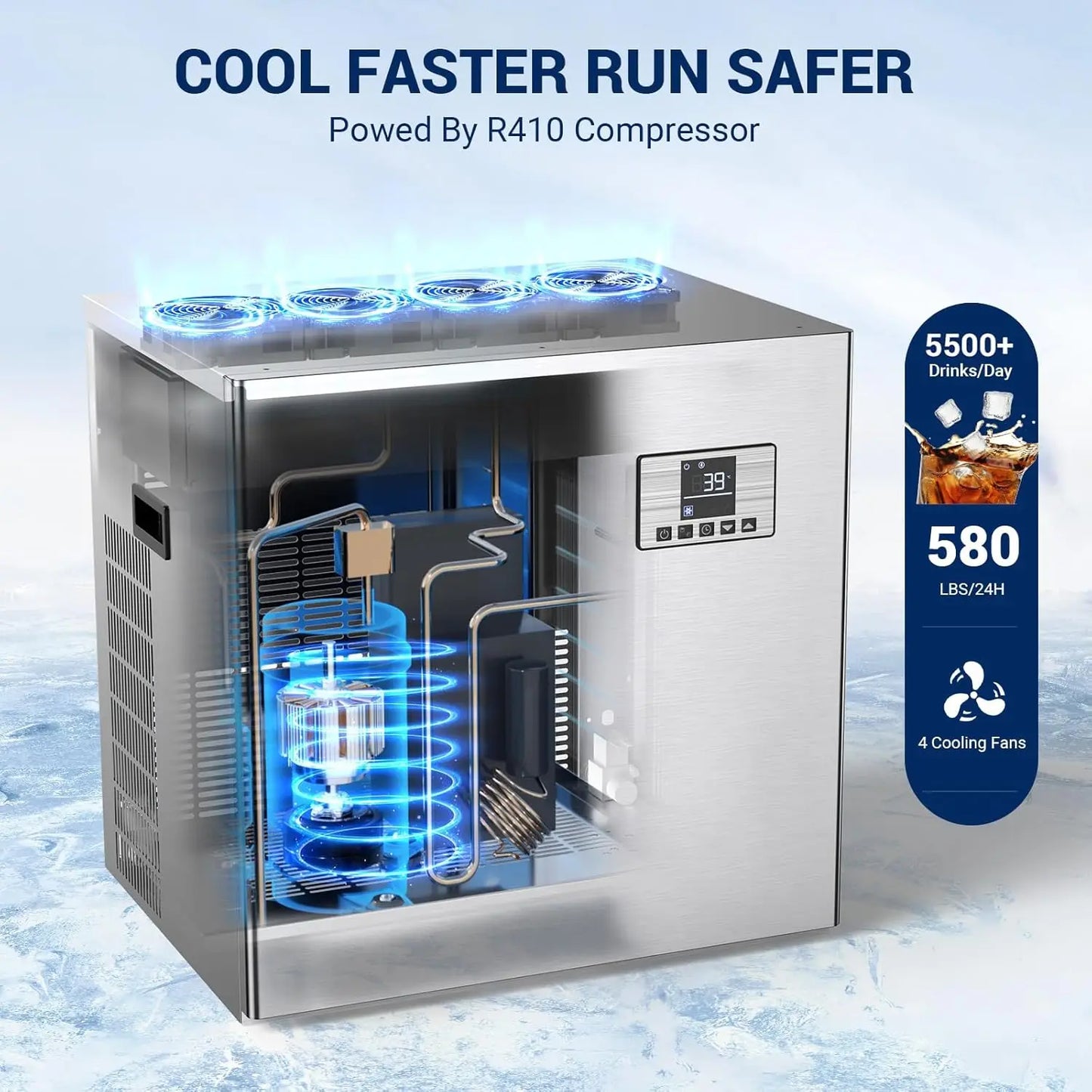 Commercial Ice Maker – 580‑lb/24h Machine Head with 300‑lb Storage Bin & Adjustable Steel Feet (132 Cubes/Batch)