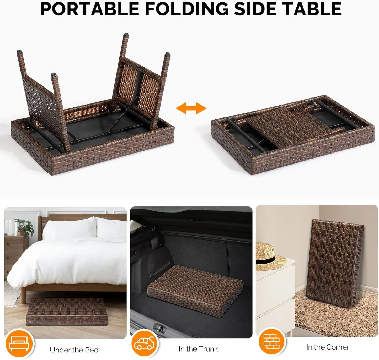 Outdoor Folding Rattan Side Table, Portable Wicker End Table for Patio, Garden, Poolside, and Indoor Use, Mix Mocha