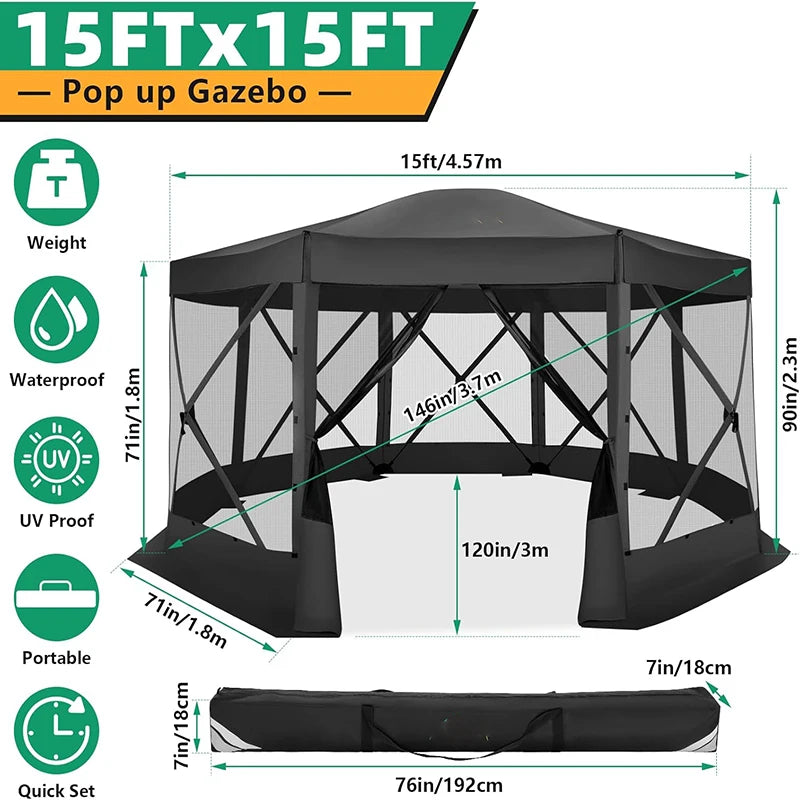 15×15 Pop‑Up Gazebo – Extra‑Large Outdoor Canopy Tent with Mosquito Netting & Ground Stakes