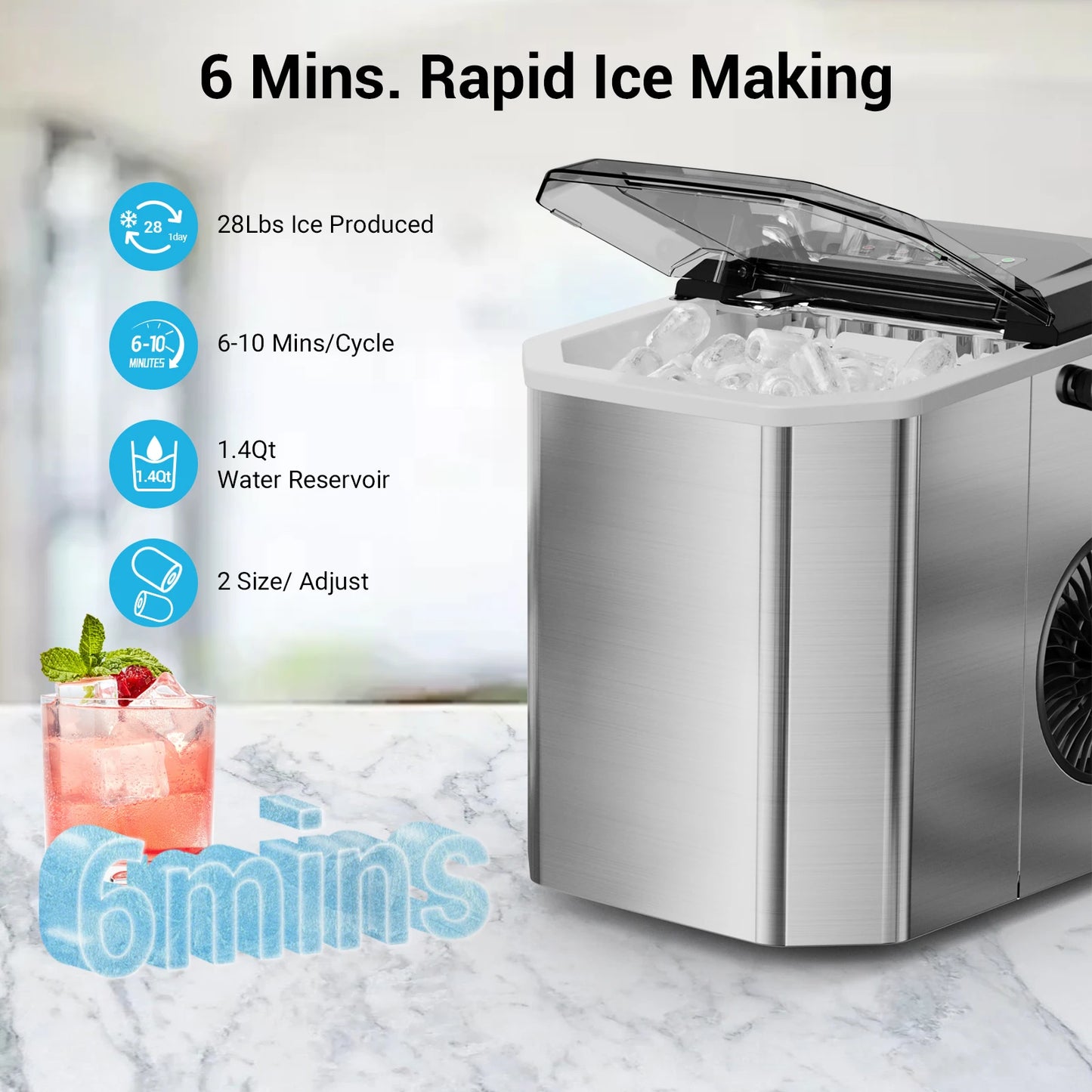 Smart Countertop Ice Maker, Portable with Self-Cleaning, 26lbs/24Hrs