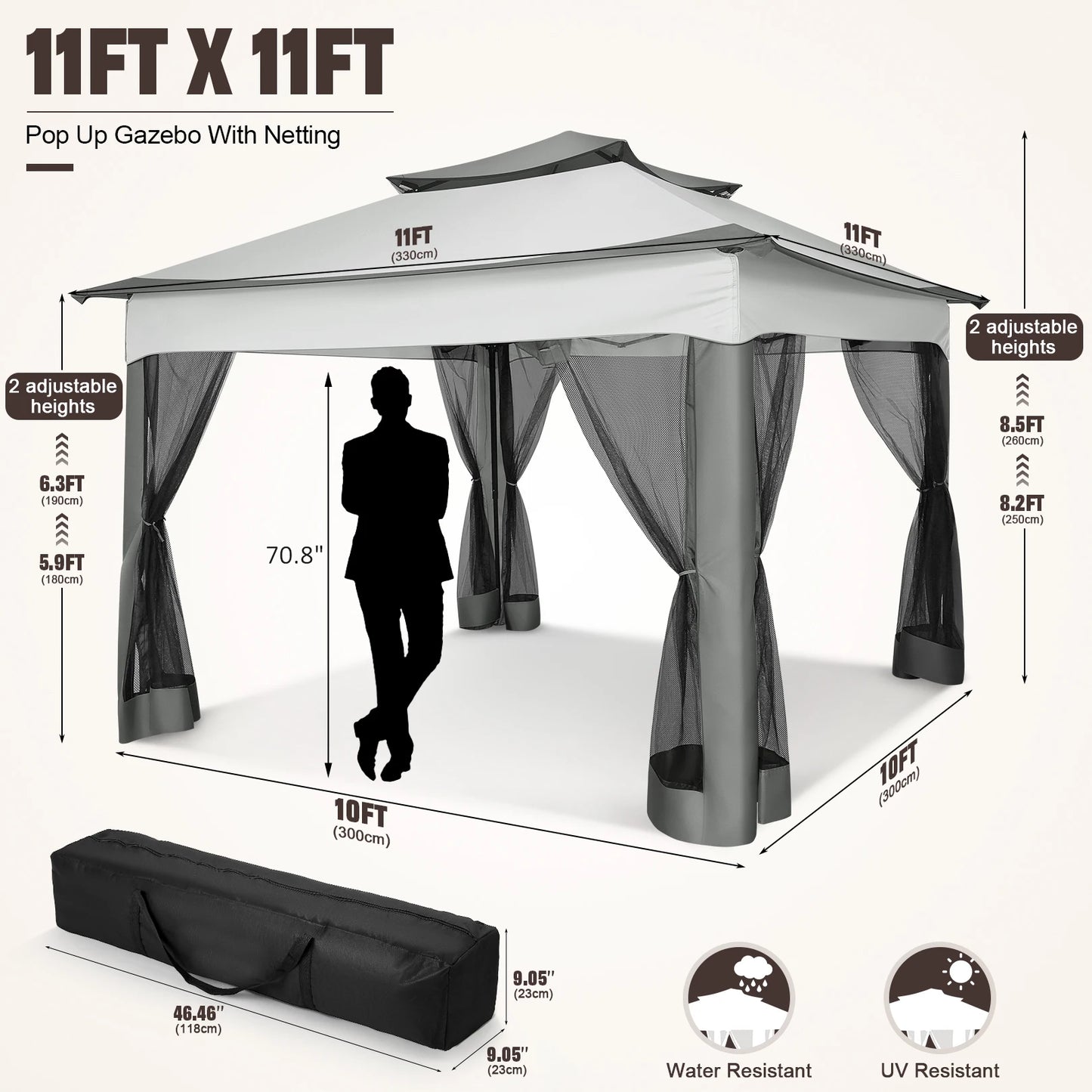 11x11ft Pop Up Gazebo Pavilion With Mosquito Netting Outdoor Canopy Tent With Carry Bag Gazebo