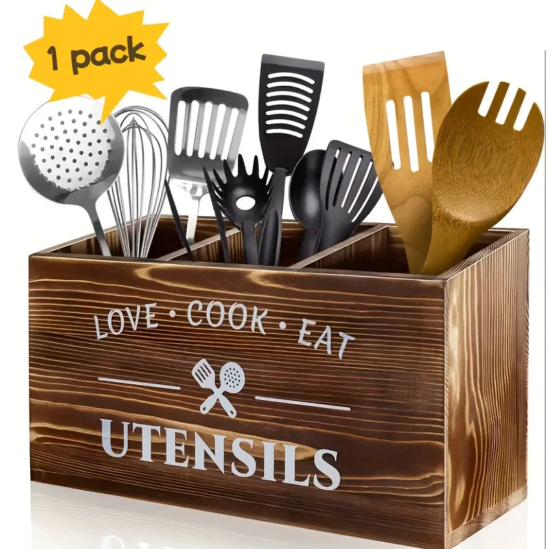 Brown Utensil Holder, Rustic Utensil Rack, Wooden Kitchen Utensil Organizer for Multiple Utensils