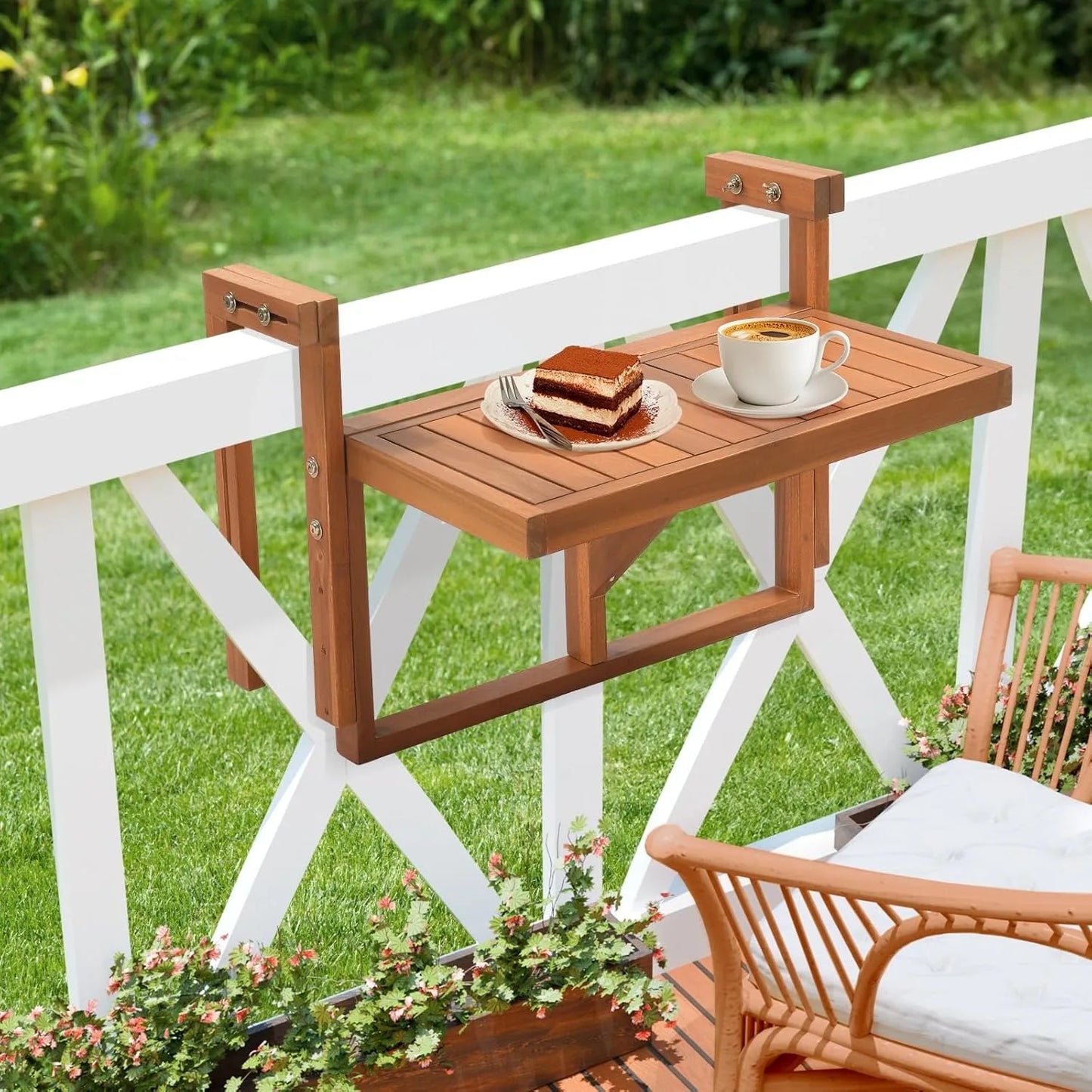 Acacia Wood Folding Balcony Hanging Table – Adjustable Height & Width, Balcony Railing Table Ideal for Different Railing