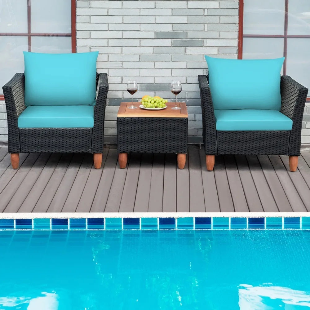 3PCS Patio Rattan Conversation Furniture Set Yard Outdoor w/ Turquoise Cushions