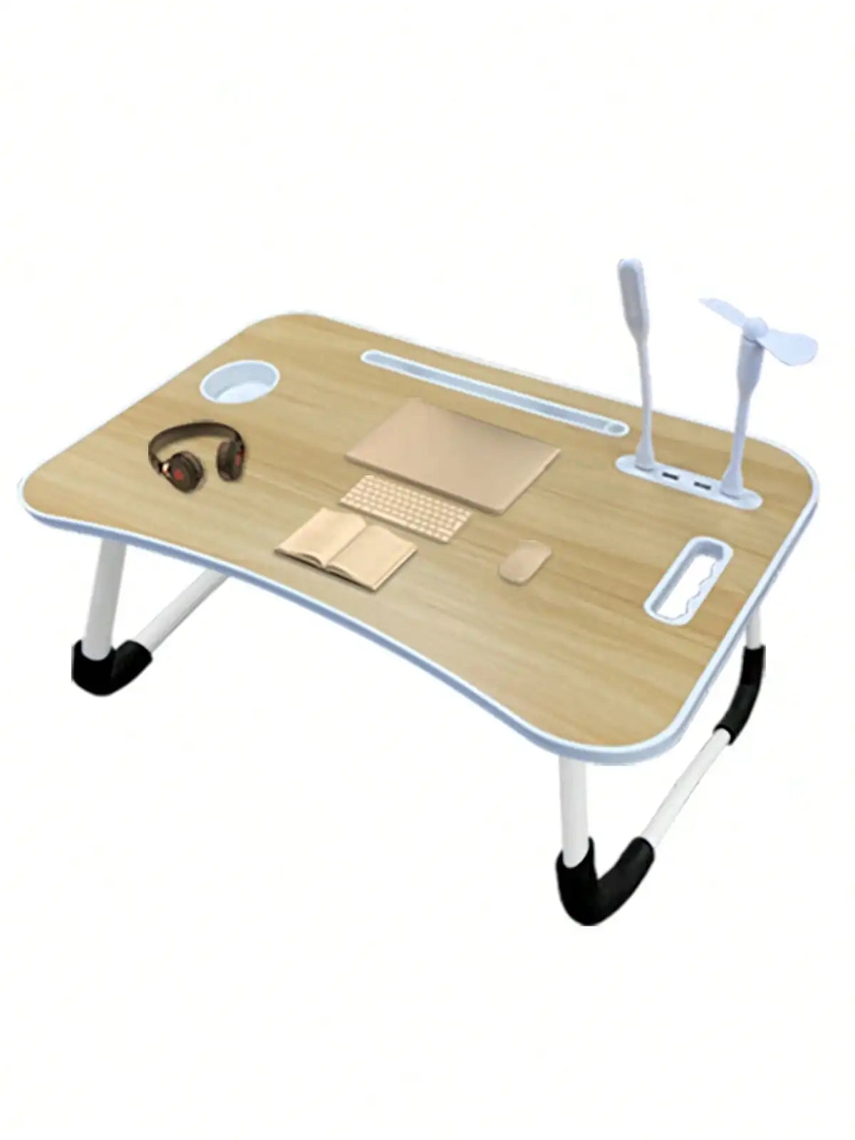 Large Laptop Bed Desk with Cup Holder & USB Fan/Light – Portable Folding Table for Bed, Sofa & Work